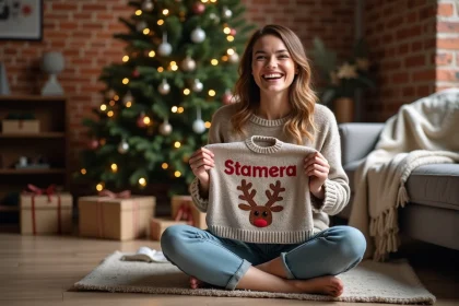 Femme souriante tenant un pull de Noël personnalisé avec son prénom brodé, assise près d'un sapin décoré dans un salon chaleureux