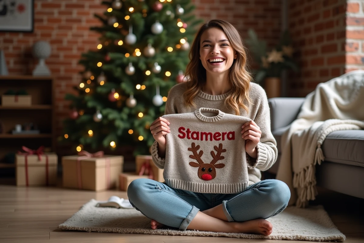 Femme souriante tenant un pull de Noël personnalisé avec son prénom brodé, assise près d'un sapin décoré dans un salon chaleureux