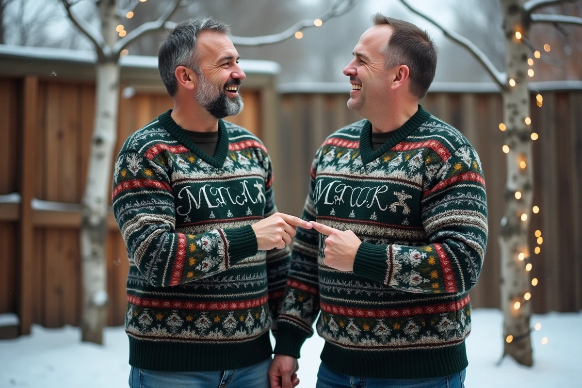 Deux hommes portant des pulls de Noël personnalisés assortis et riant ensemble dans un jardin enneigé