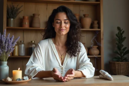 Femme tenant une croix ankh dorée entre ses paumes lors d'un rituel de purification à domicile avec de la sauge blanche et des cristaux