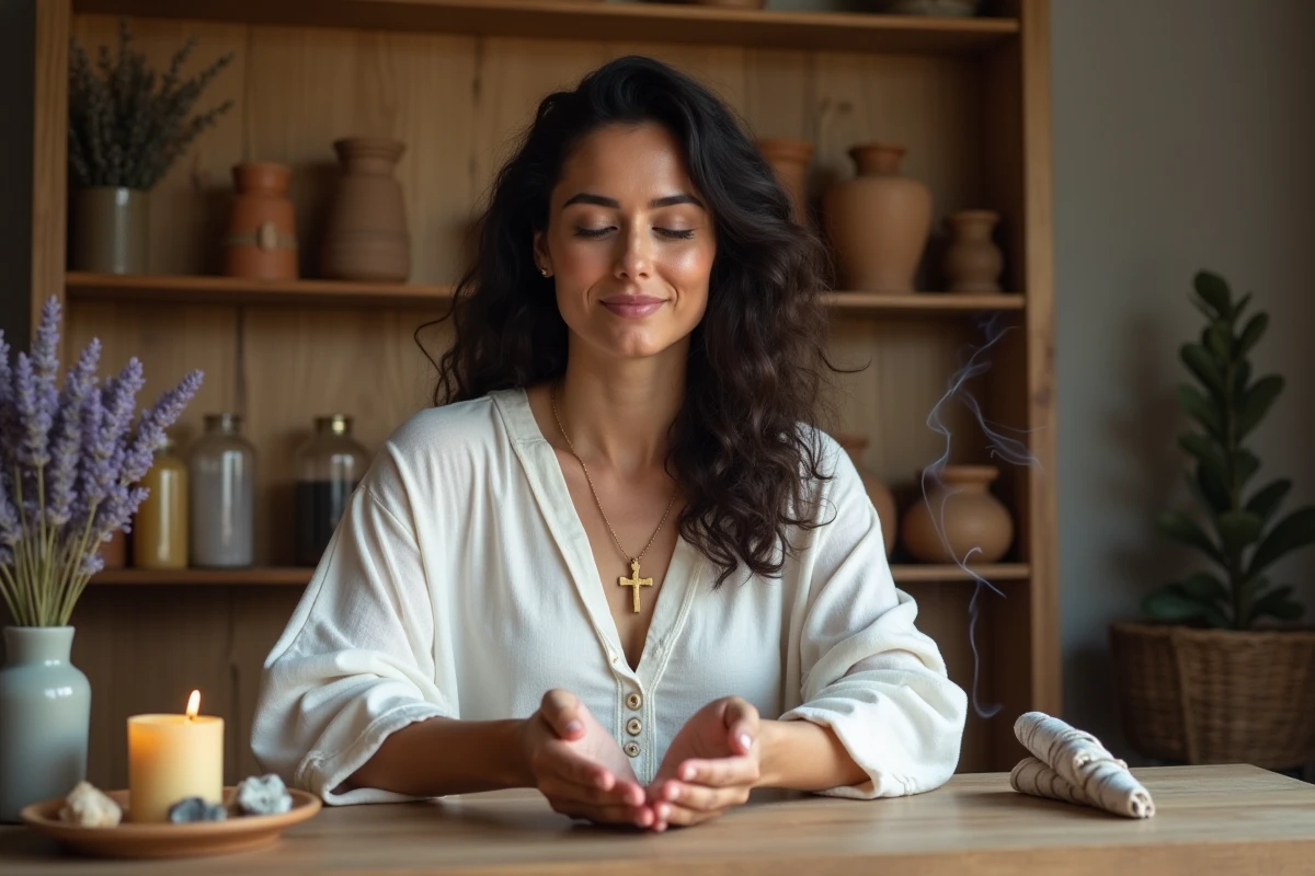 Femme tenant une croix ankh dorée entre ses paumes lors d'un rituel de purification à domicile avec de la sauge blanche et des cristaux