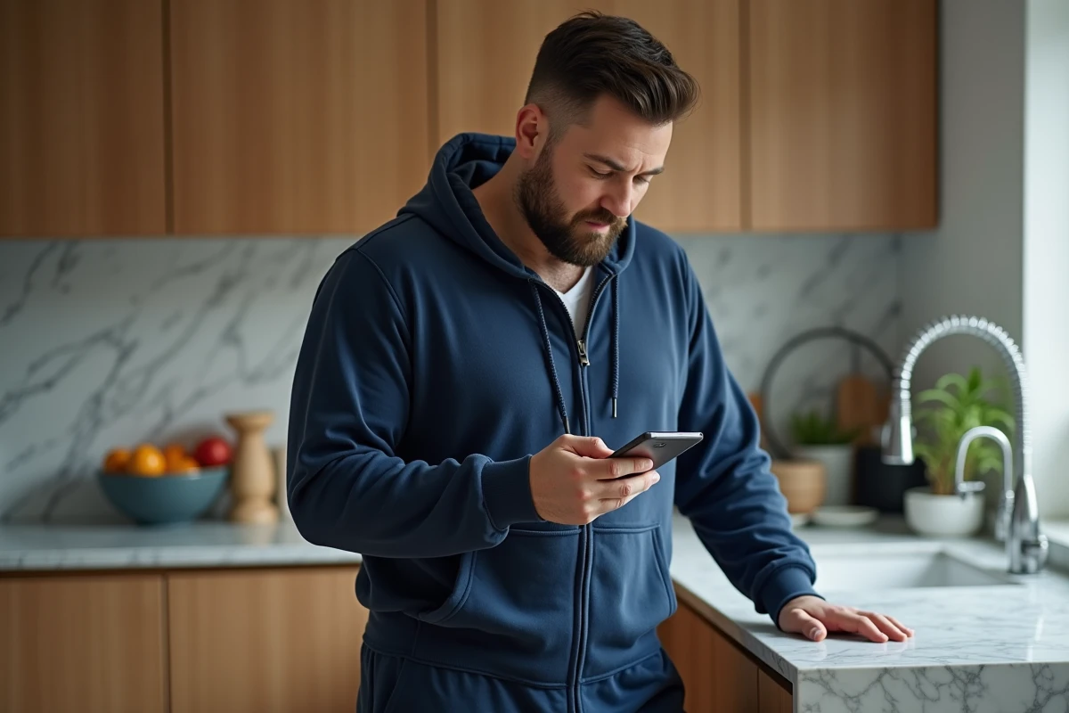 Homme grande taille en pyjama grenouillère bleu marine debout dans une cuisine regardant son téléphone