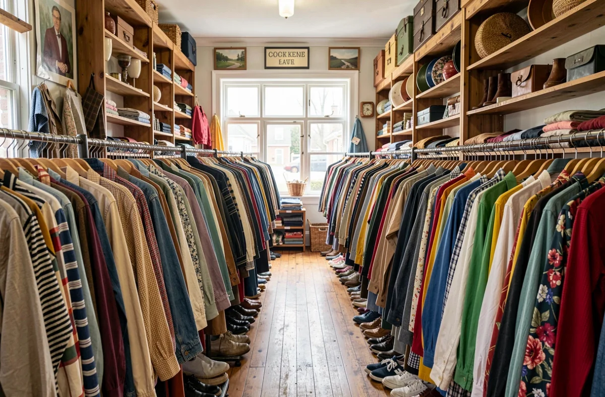 Rayons de vêtements d'occasion dans une friperie