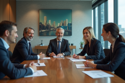 Groupe de quatre professionnels en réunion dans une salle moderne