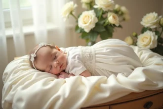 Robe de baptême blanche en dentelle pour bébé posée sur un drap en satin ivoire avec des pétales de roses et une croix en argent