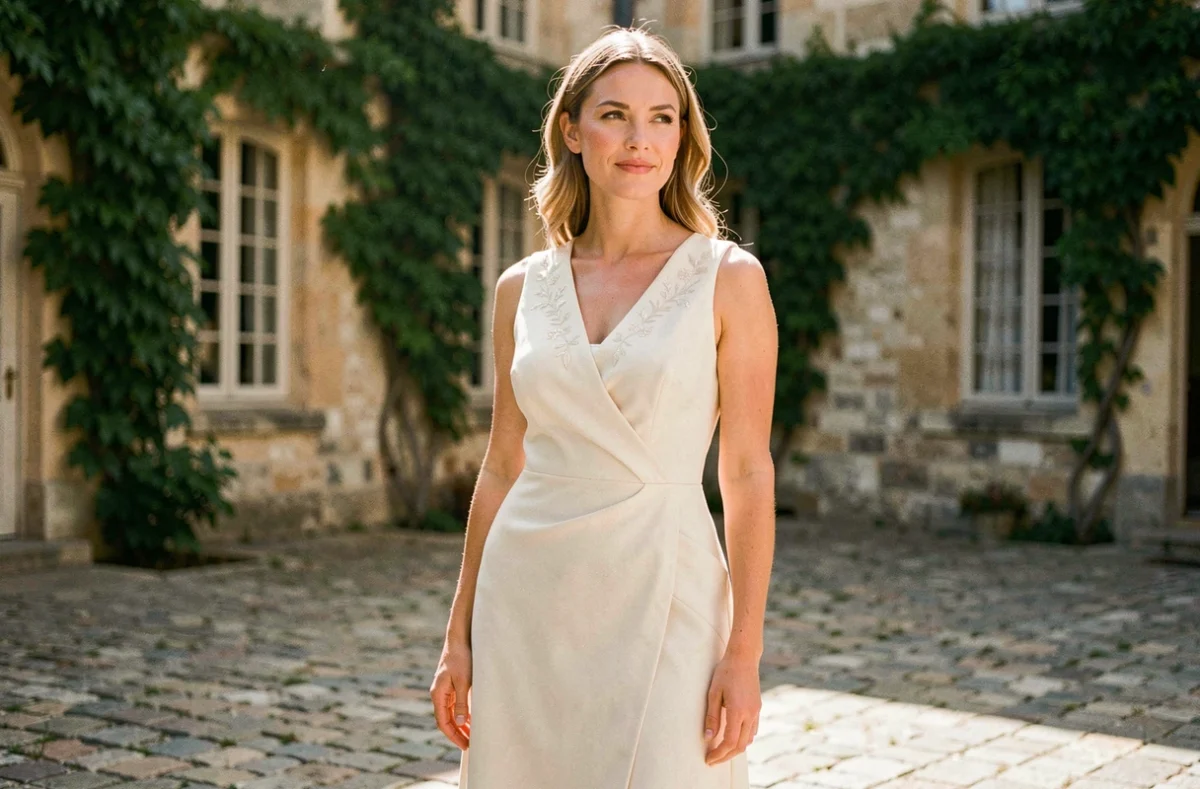 Femme en robe courte ivoire élégante avec broderies florales dans la cour d'un château français pour un mariage en tant qu'invitée chic