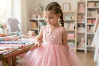 Fillette portant une robe princesse rose personnalisée avec broderies florales dans une boutique de couture pour enfants