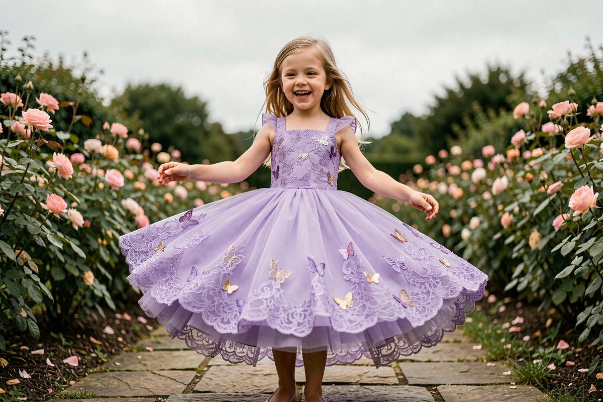 Petite fille virevoltant dans une robe princesse lavande personnalisée avec appliqués en dentelle dans un jardin fleuri