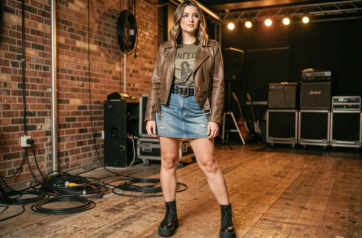 Femme en robe tee-shirt rock avec veste moto et ceinture à clous posant en coulisses d'une salle de concert
