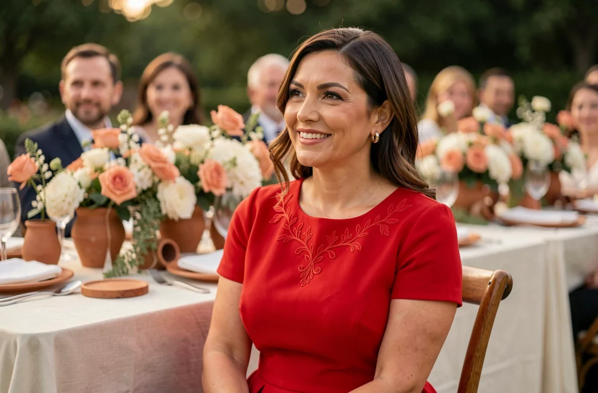 Femme en robe rouge brodée assise à une table de mariage extérieure avec décoration florale terracotta et ivoire