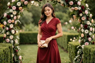 Femme en robe rouge midi portant une pochette dorée champagne dans un jardin fleuri lors d'un mariage en 2026