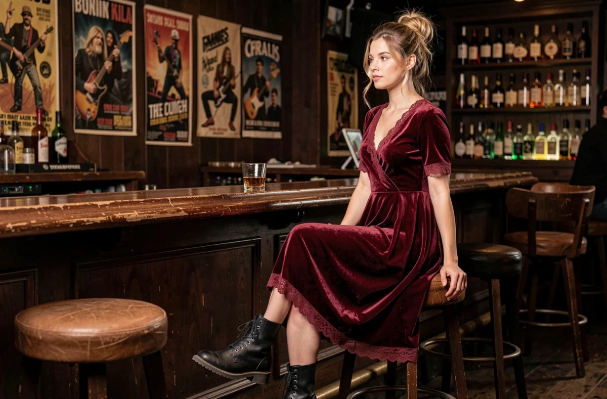 Femme en robe velours bordeaux avec bottines combat assise sur le comptoir d'un bar rock vintage