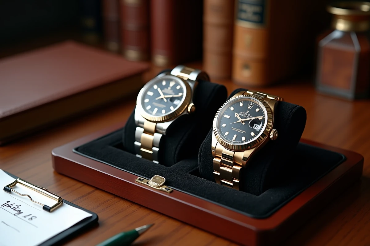 Deux montres Rolex sur plateau en velours noir avec liste d'attente et étiquette de prix dans un bureau de revendeur horloger