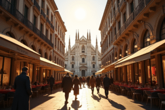 Rue animée à Milan avec la cathédrale Duomo en arrière-plan