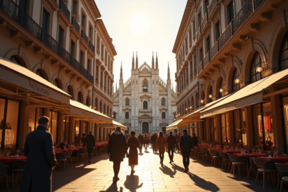 Rue animée à Milan avec la cathédrale Duomo en arrière-plan