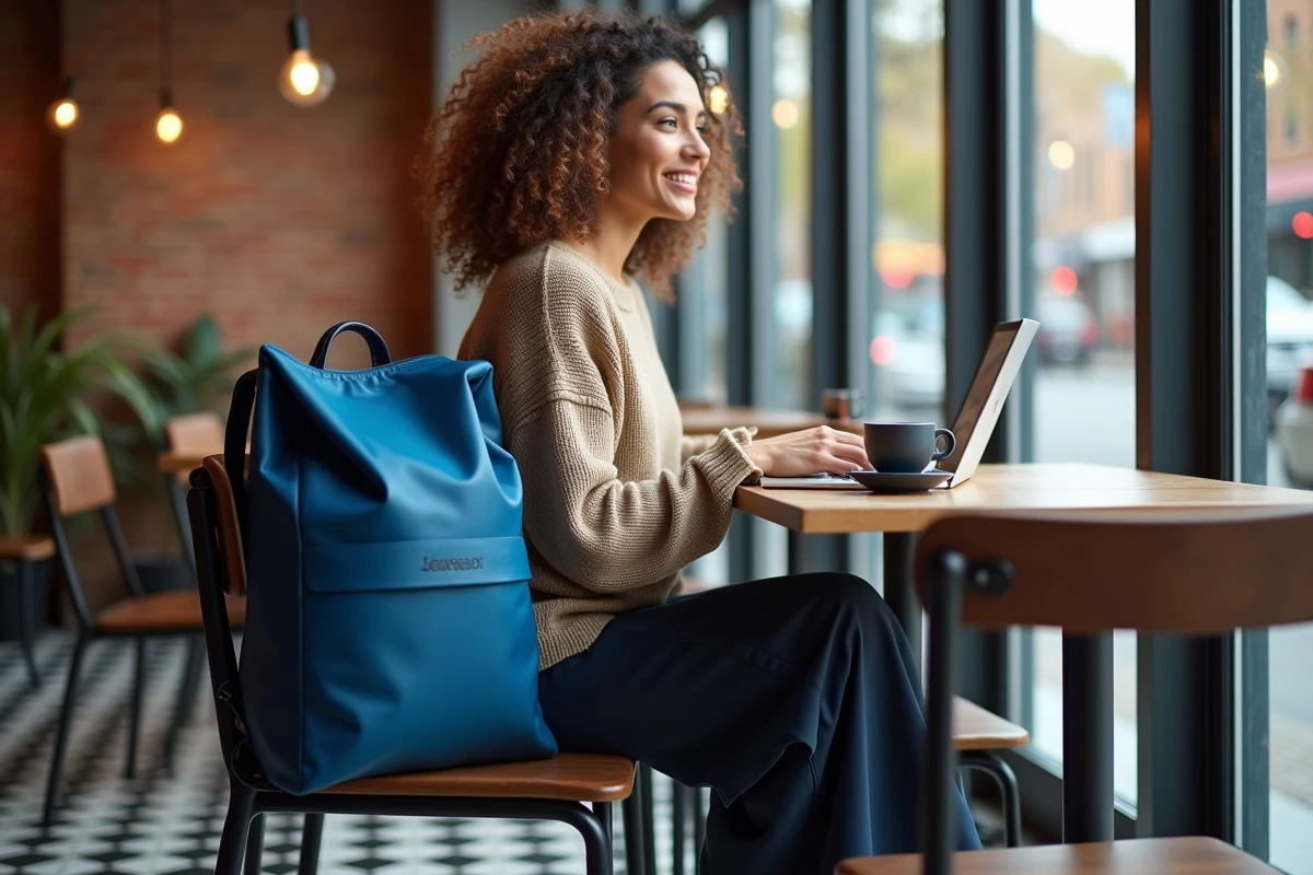Sac à dos tendance 2026 en nylon recyclé bleu cobalt posé dans un café parisien
