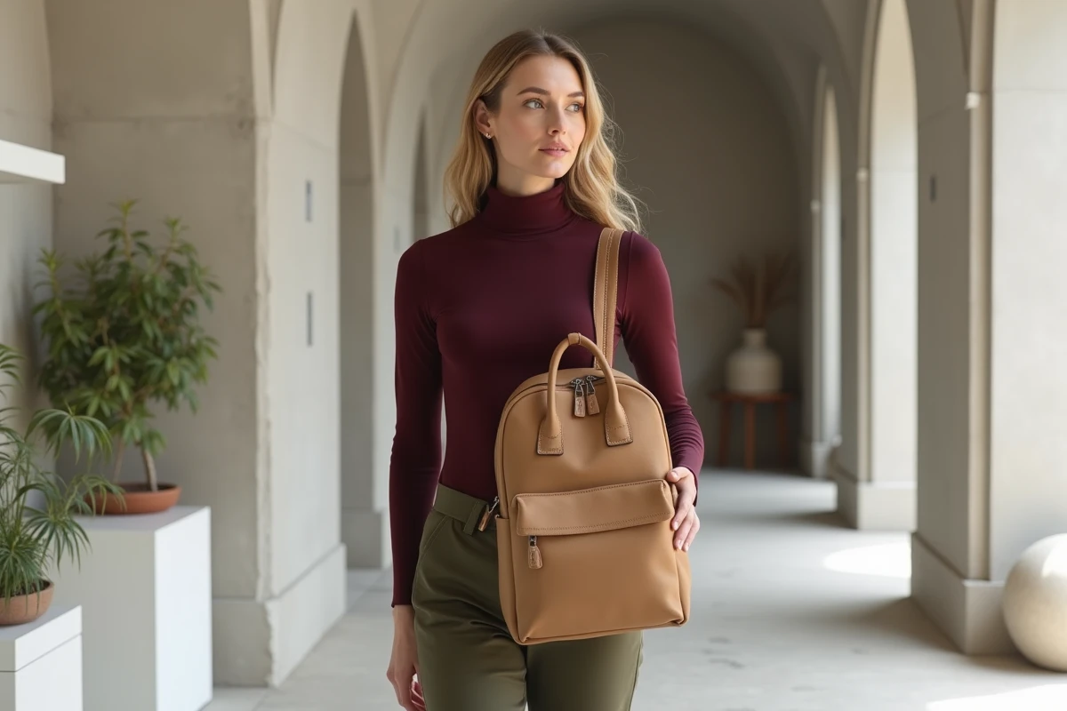 Femme avec sac à dos tendance en suède vegan beige champignon dans un concept store minimaliste