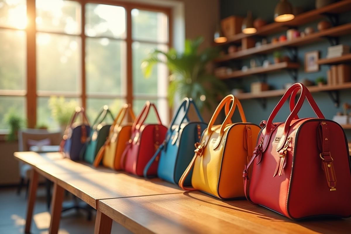 Assortiment de sacs colorés sur une table ensoleillée
