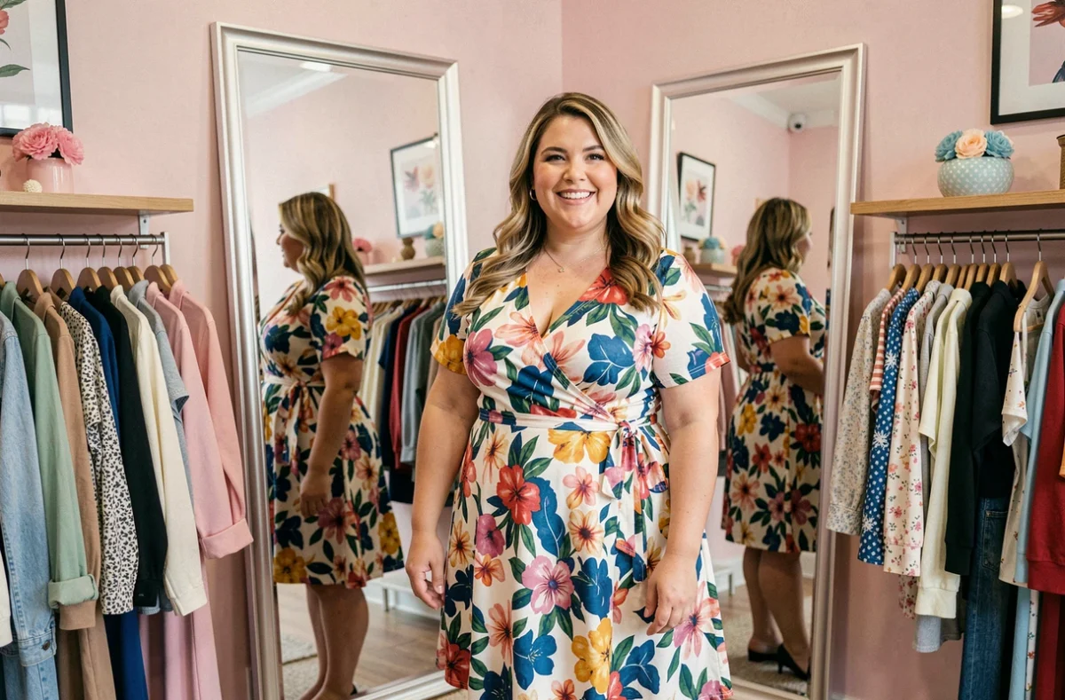 Femme en grande taille essayant une robe fleurie dans la boutique Sandra Grandes Tailles aux Sables-d'Olonne