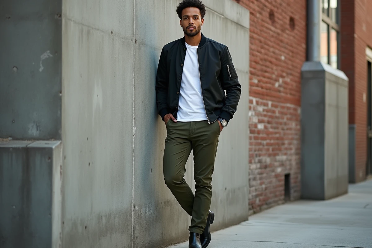 Homme en sarouel vert olive et veste bomber noire posant devant un mur en béton brut, style urbain masculin contemporain