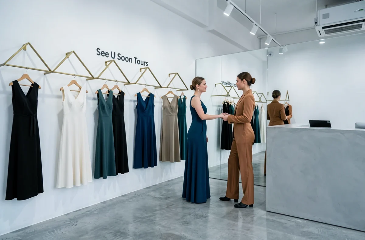 Boutique See U Soon Tours avec des robes de soirée modernes dans un espace minimaliste épuré