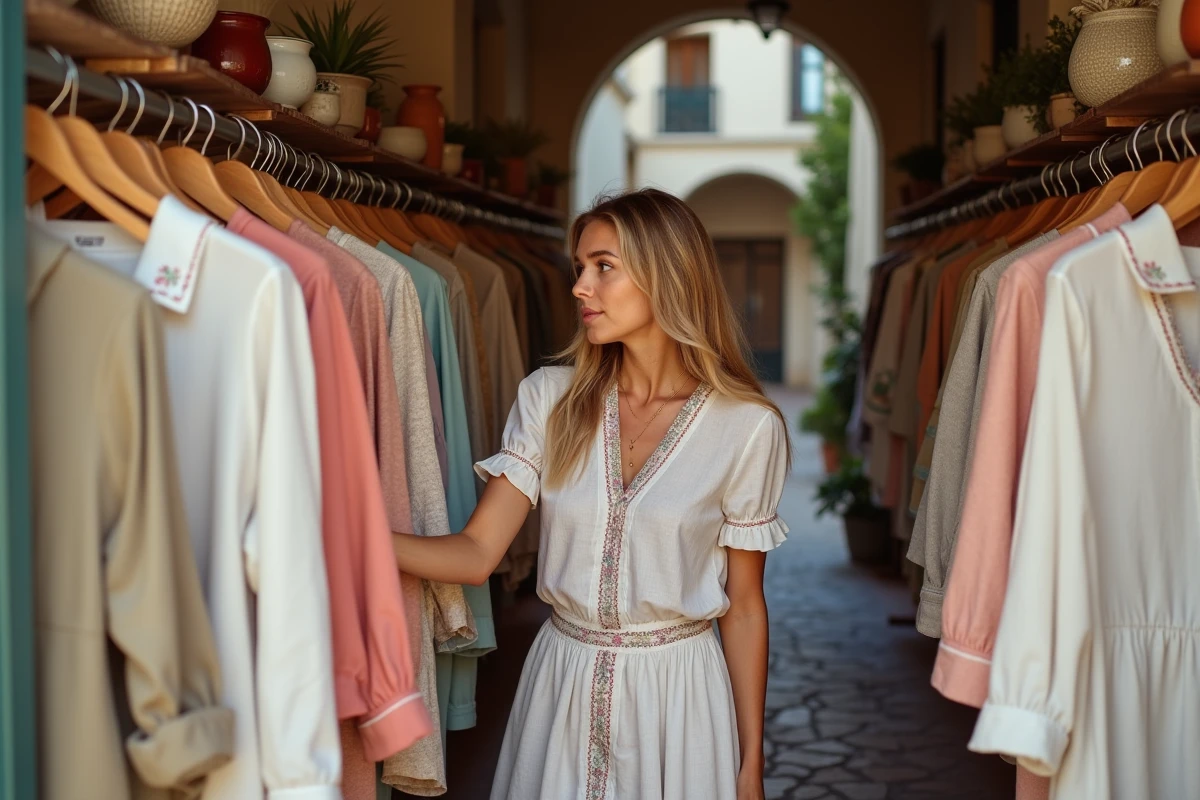 Femme feuilletant des vêtements en lin dans une boutique de mode corse aux murs en pierre, ambiance méditerranéenne authentique