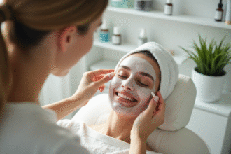Esthéticienne appliquant un masque facial à une cliente souriante dans un centre moderne