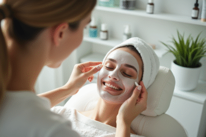 Esthéticienne appliquant un masque facial à une cliente souriante dans un centre moderne