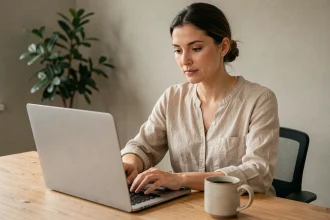 Femme consultant le suivi de sa réclamation ZARA sur un ordinateur portable depuis son bureau à domicile