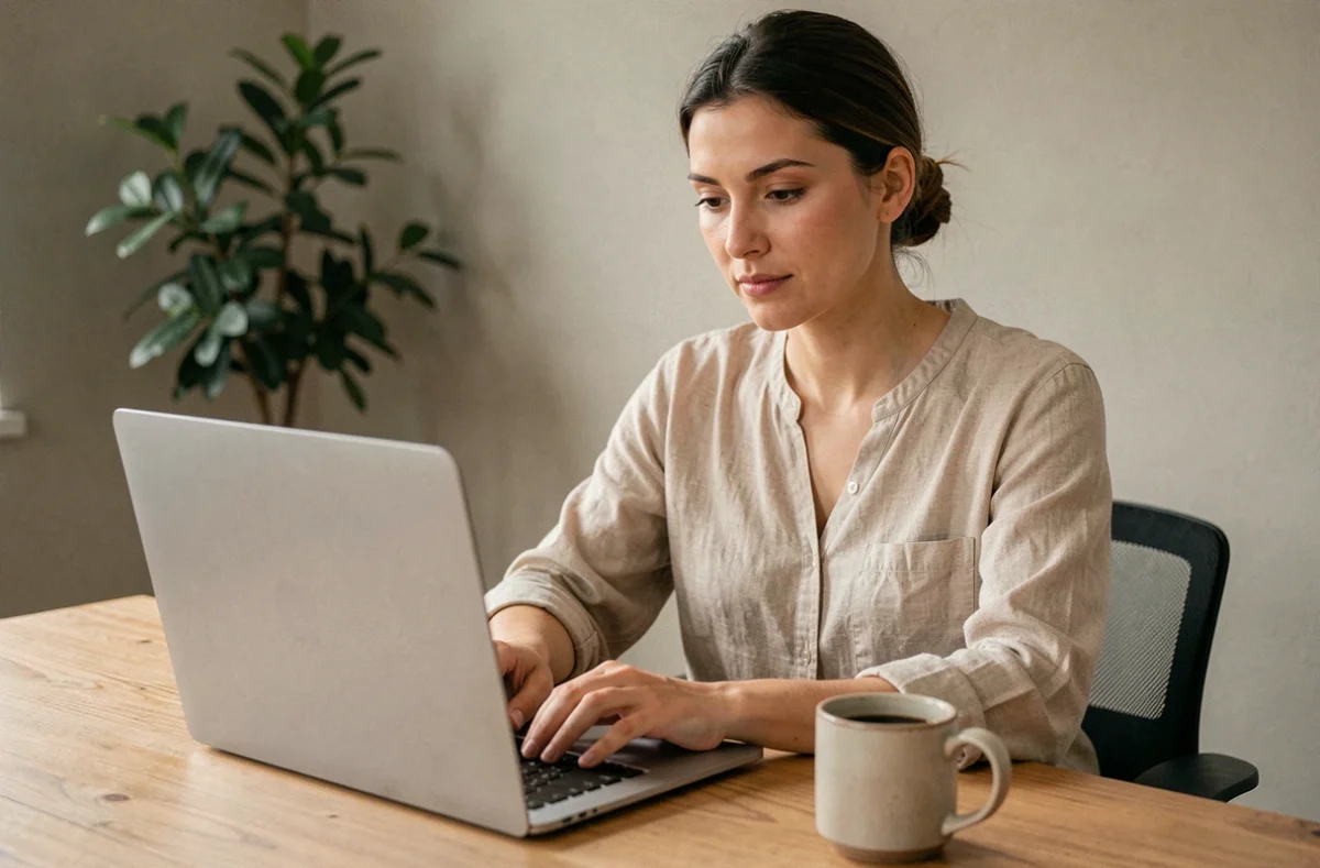 Femme consultant le suivi de sa réclamation ZARA sur un ordinateur portable depuis son bureau à domicile