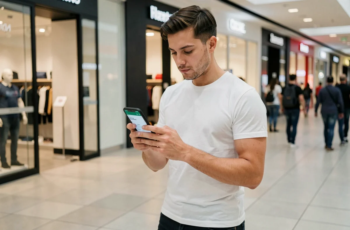 Homme consultant le statut de sa réclamation ZARA sur smartphone dans un centre commercial