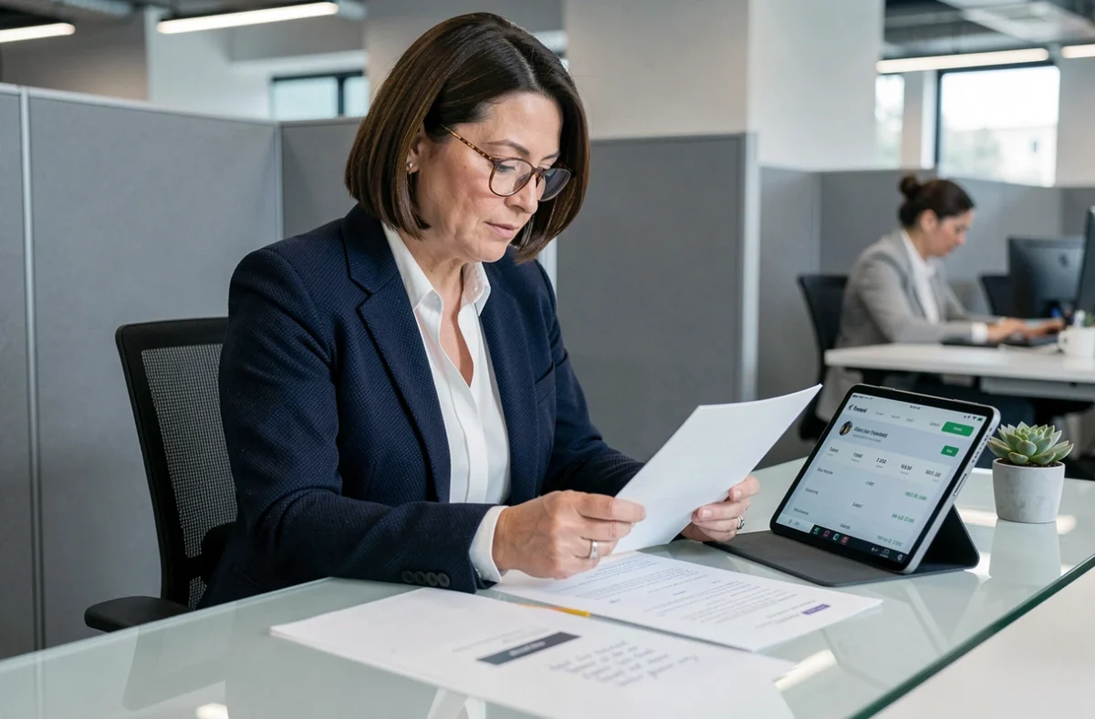 Femme en bureau professionnel vérifiant les documents et le tableau de bord de suivi d'une réclamation ZARA sur tablette