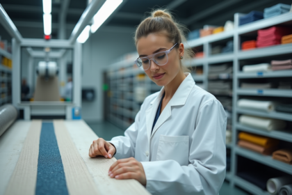 Technicienne textile inspectant un tissu dans un laboratoire moderne