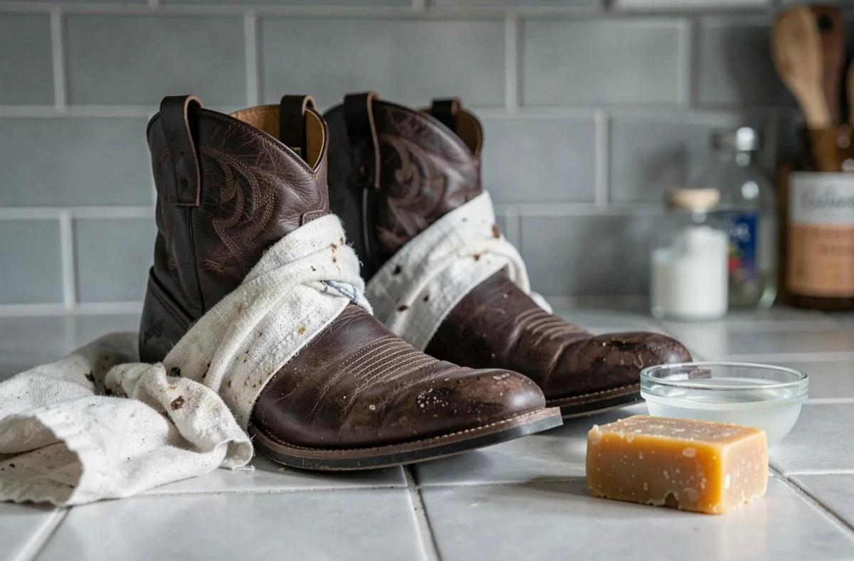Bottes cowboy en cuir marron enveloppées dans un chiffon humide pour les assouplir, posées sur un plan de travail avec un bol d'eau et de la cire d'abeille