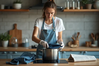 Femme teignant un jean délavé en noir avec une teinture textile dans une cuisine, mains gantées plongeant le denim dans un pot de teinture noire