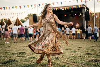 Jeune femme en tenue hippie bohème avec robe fleurie et gilet à franges dansant lors d'un festival de musique en plein air