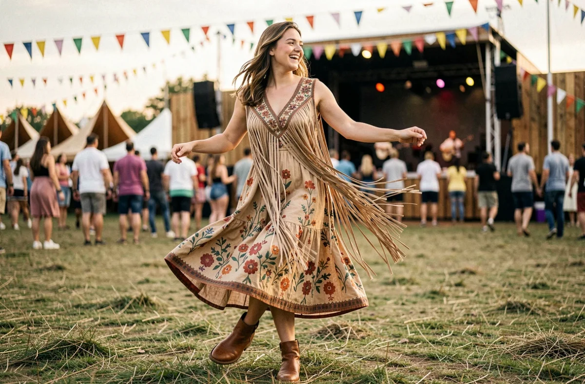 Jeune femme en tenue hippie bohème avec robe fleurie et gilet à franges dansant lors d'un festival de musique en plein air