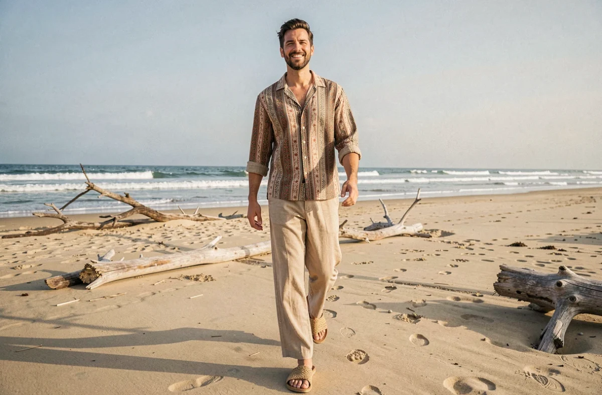 Homme en vêtements hippie légers en lin et sandales tressées se promenant décontracté sur une plage de sable fin