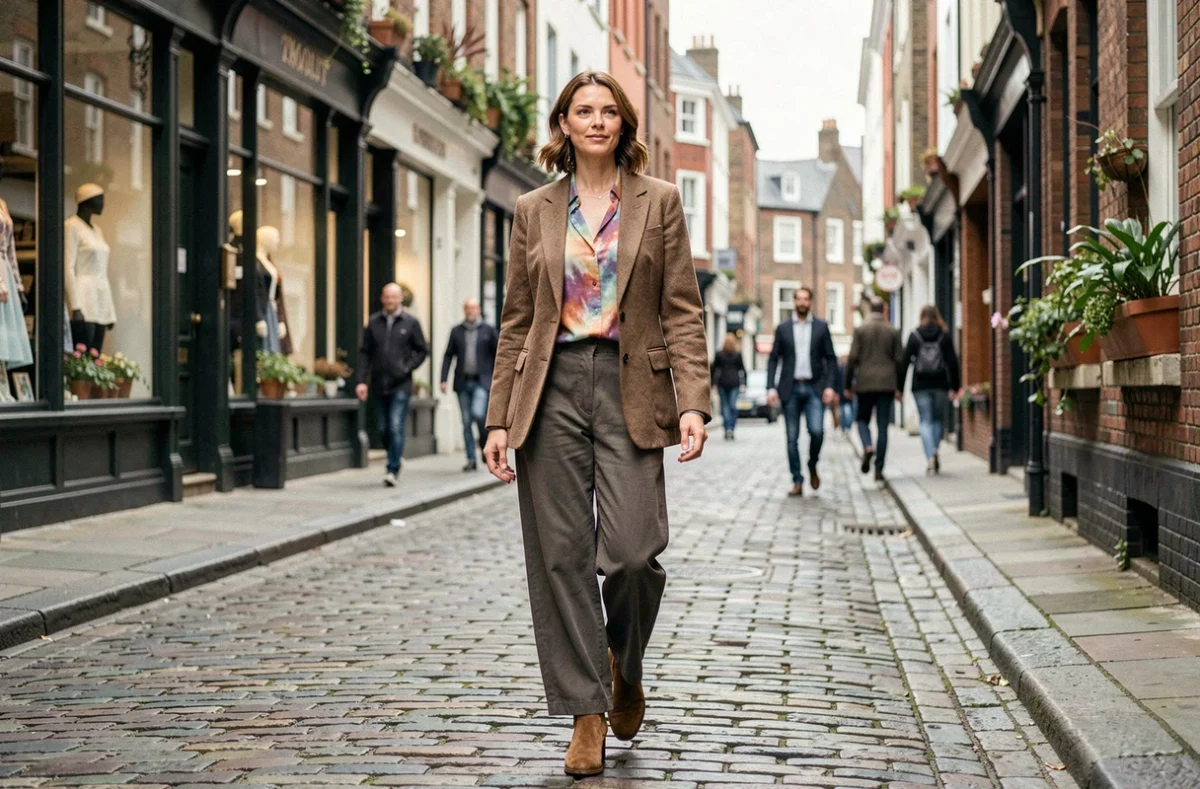 Femme portant une tenue hippie urbaine avec blazer bohème et blouse tie-dye marchant dans une rue pavée de la ville