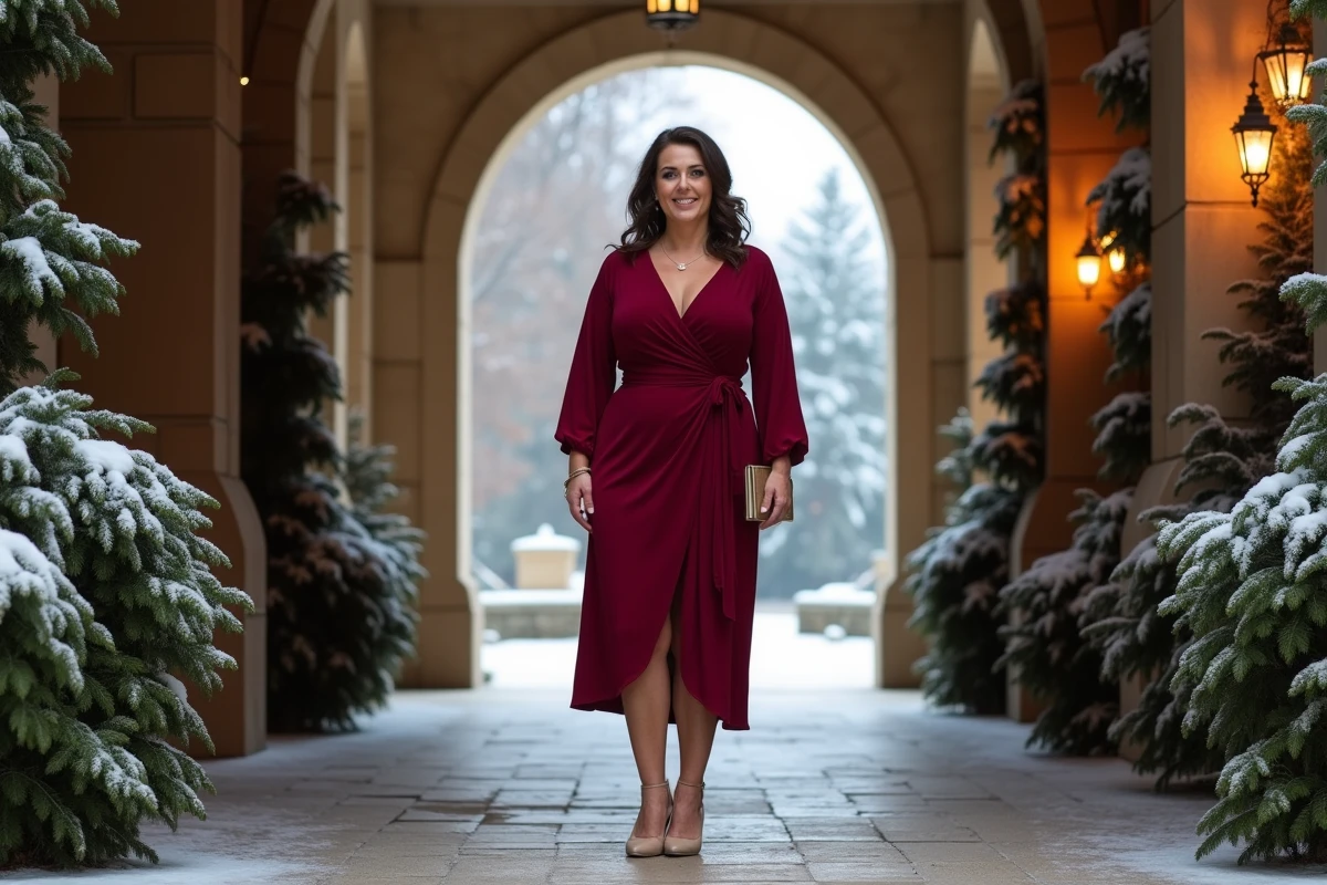 Femme ronde en robe portefeuille bordeaux longue manches pour un mariage chic en hiver