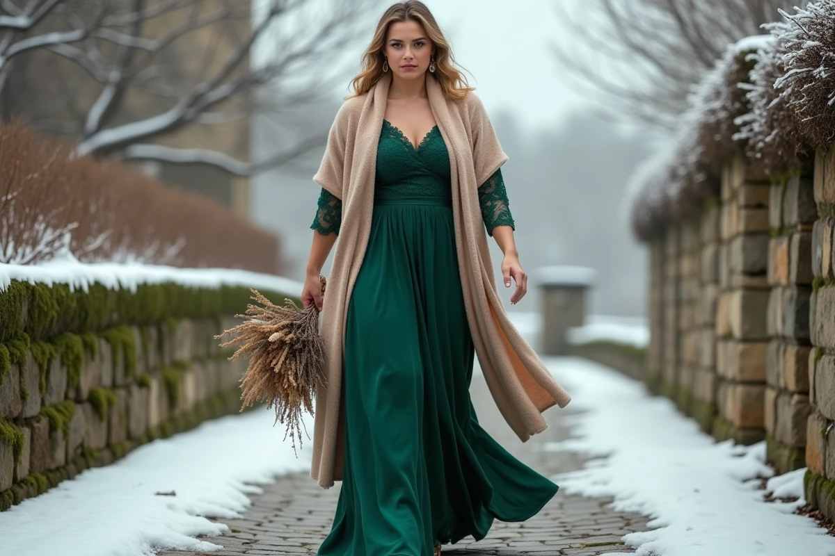 Femme ronde en robe longue verte avec châle beige marchant dehors lors d'un mariage hivernal au château