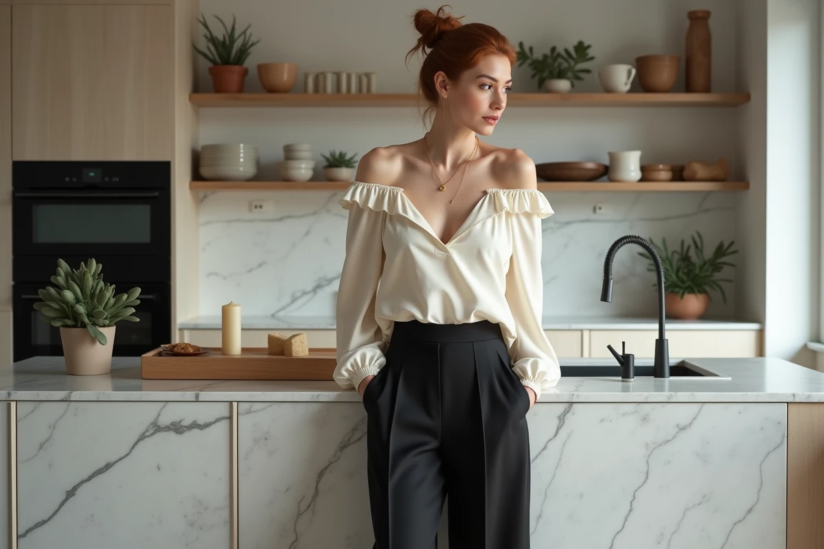 Femme grande en pantalon satin noir et blouse ivoire pour tenue de réveillon tendance