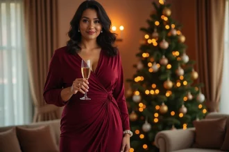 Femme ronde en robe portefeuille bordeaux élégante pour la tenue de réveillon