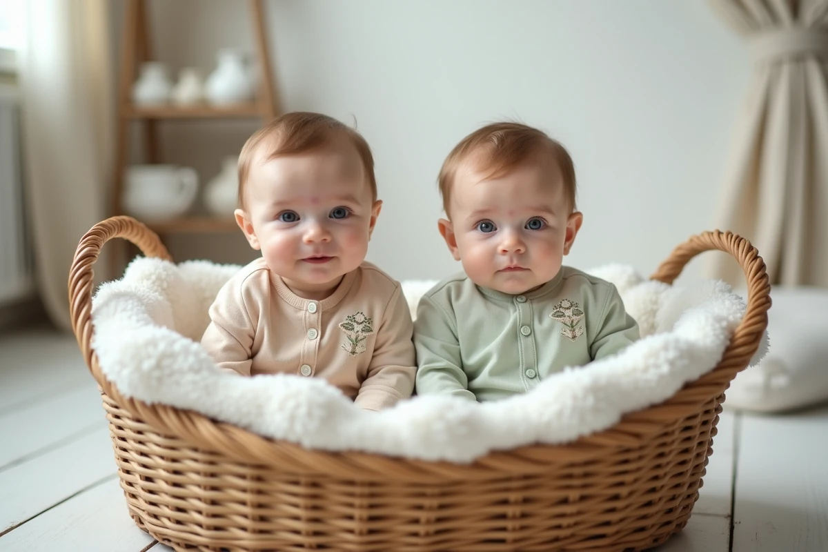 Deux bébés en tenues de baptême mixtes champagne et vert menthe assis dans un berceau en osier dans une chambre lumineuse