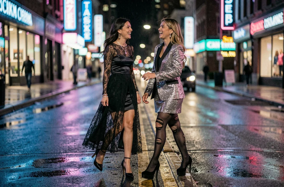 Deux femmes en tenues rock and roll chic marchant dans une rue urbaine de nuit avec reflets néon sur le sol mouillé