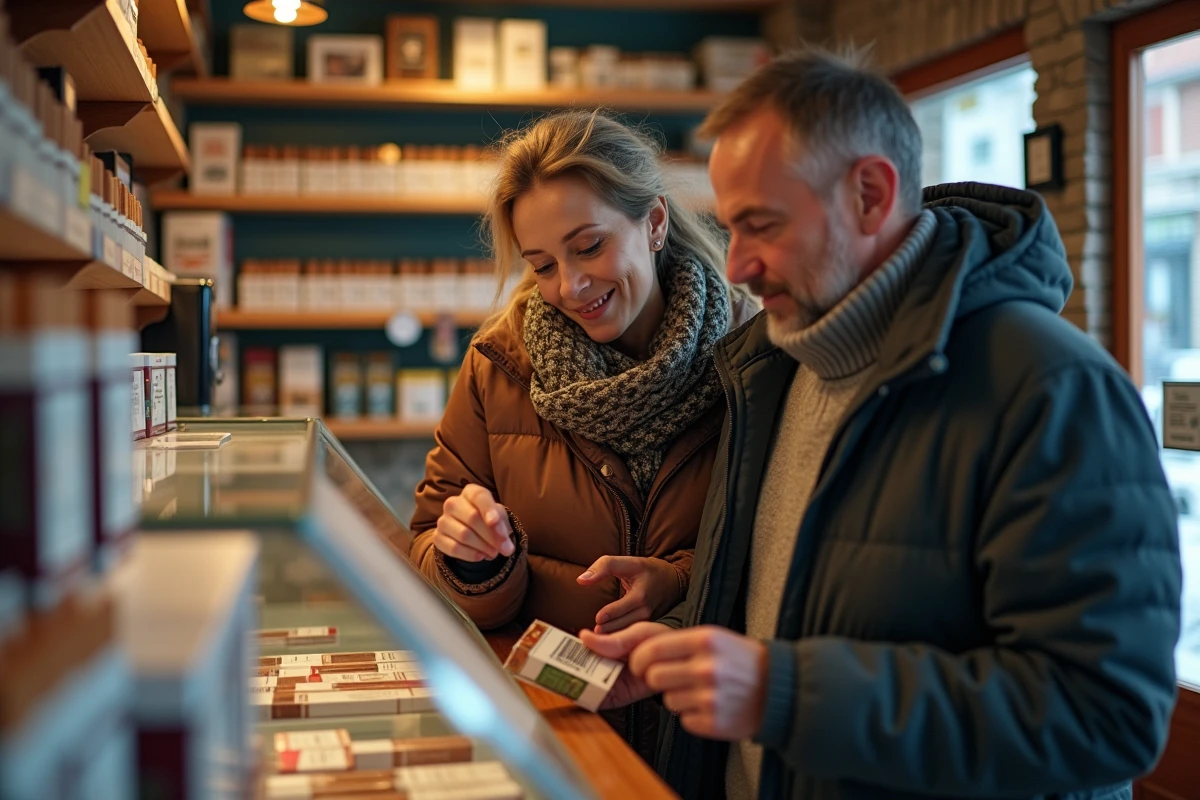 Couple de touristes achetant du tabac dans une boutique hors taxes au Pas de la Case à la frontière franco-andorrane