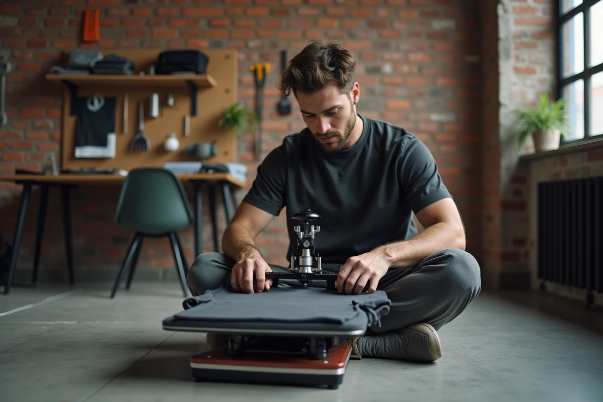 Homme appliquant un transfert vinyle sur un t-shirt Drake avec une mini presse à chaud dans un loft urbain