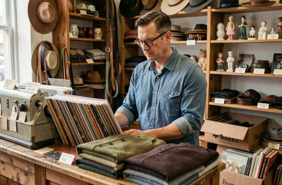 Vendeur d'une boutique vintage toulousaine triant de nouveaux arrivages de vinyles et vêtements rétro derrière son comptoir