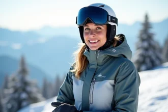 Skieuse portant une veste de ski haut de gamme avec détails techniques visibles sur les coutures et fermetures étanches en montagne