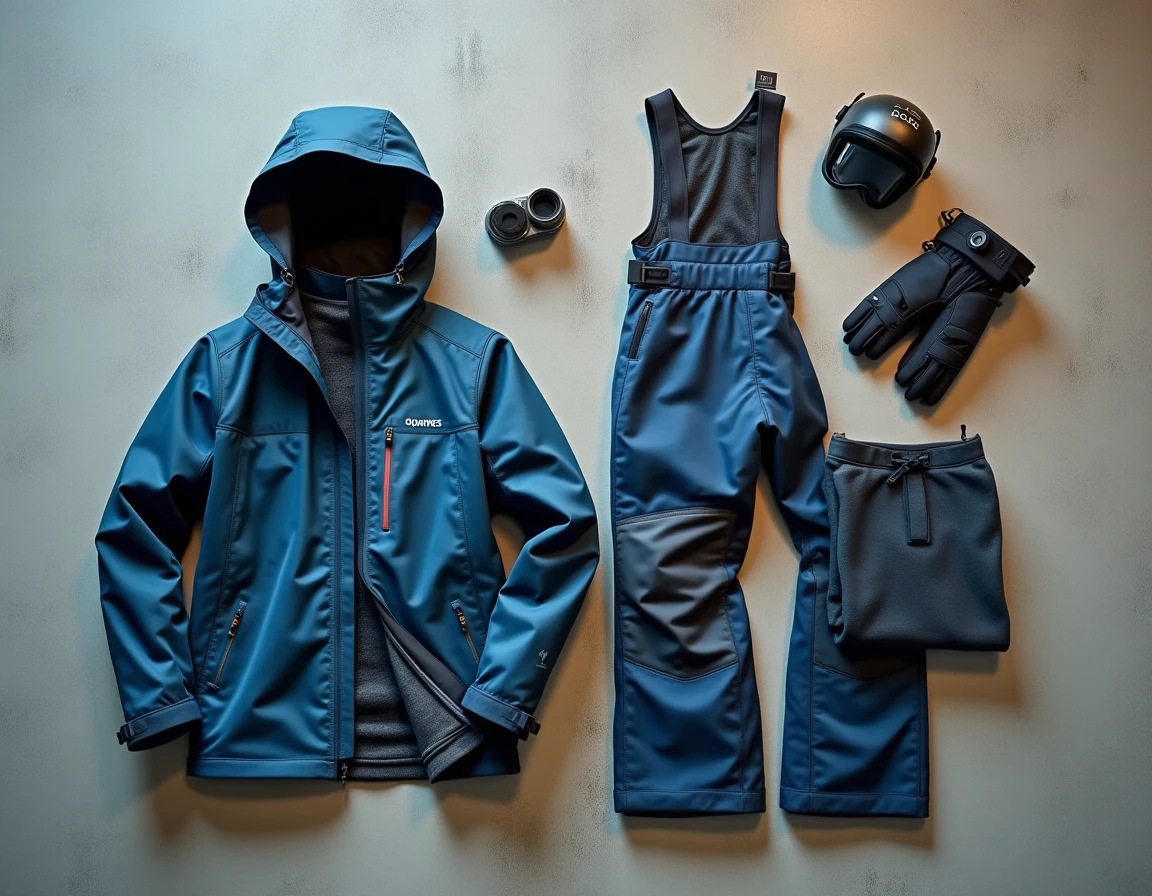 Présentation à plat de vêtements de ski techniques haut de gamme avec étiquettes de certification et détails des matériaux